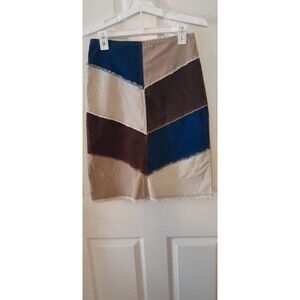 Vintage D Mode Patchwork Midi In Suede And Denim Raw Hem. Size 7. B17